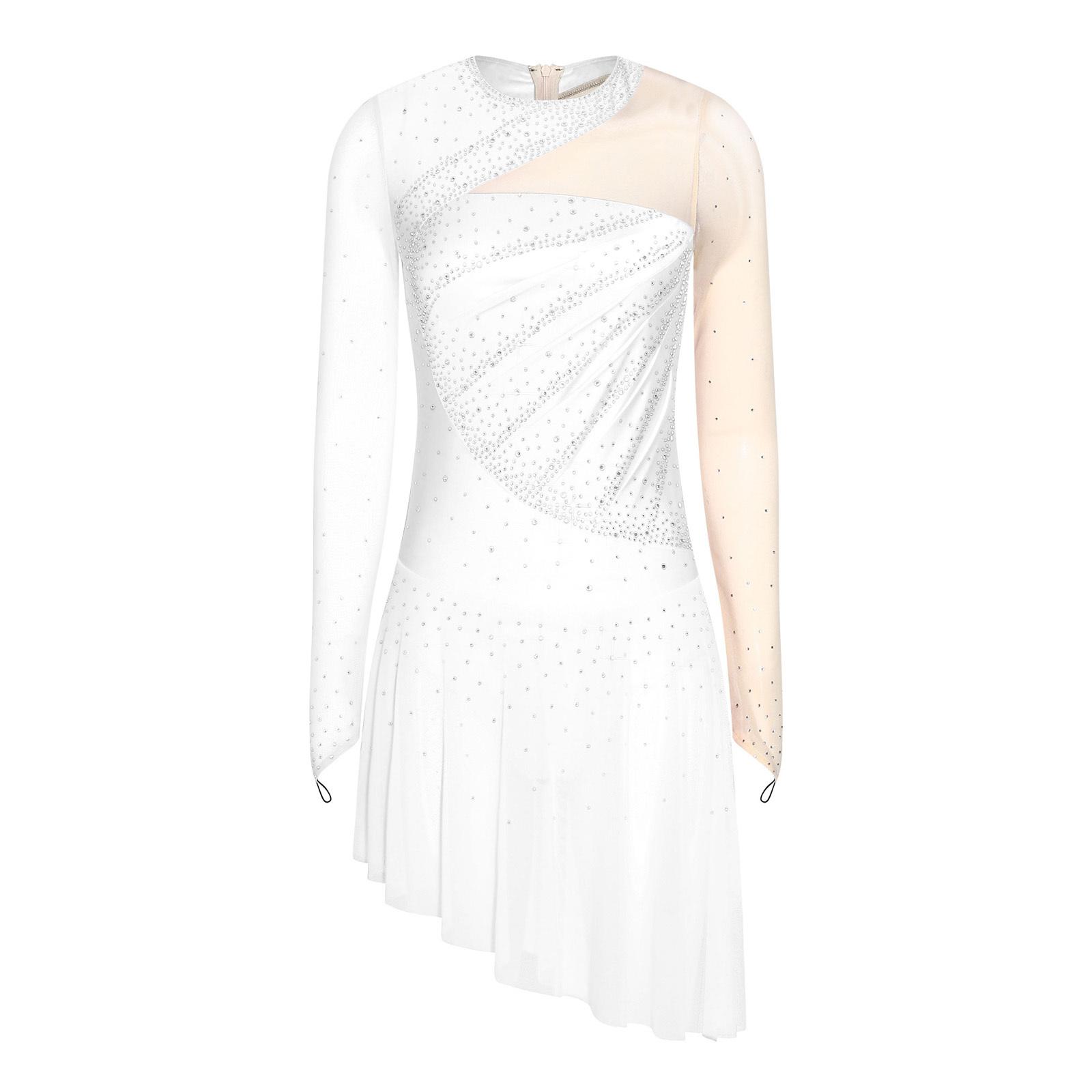 

Womens Figure Skating Costume Rhinestone Mesh Long Sleeve Chest Pleats Irregular Hem Bodysuit Dress