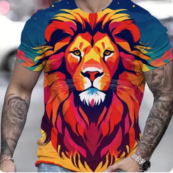 Summer Casual Men's Clothing Oversized Loose Lion Pattern Printed Short Sleeved Round Neck Fitness T-shirts