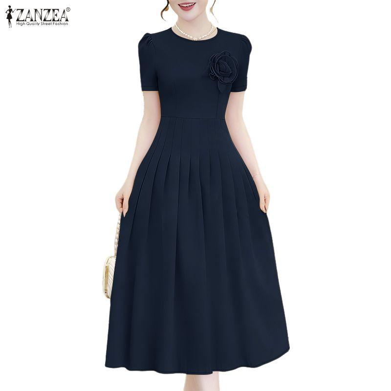 ZANZEA Lässiges Sommerkleid mit Rundhalsausschnitt und kurzen Ärmeln für Damen