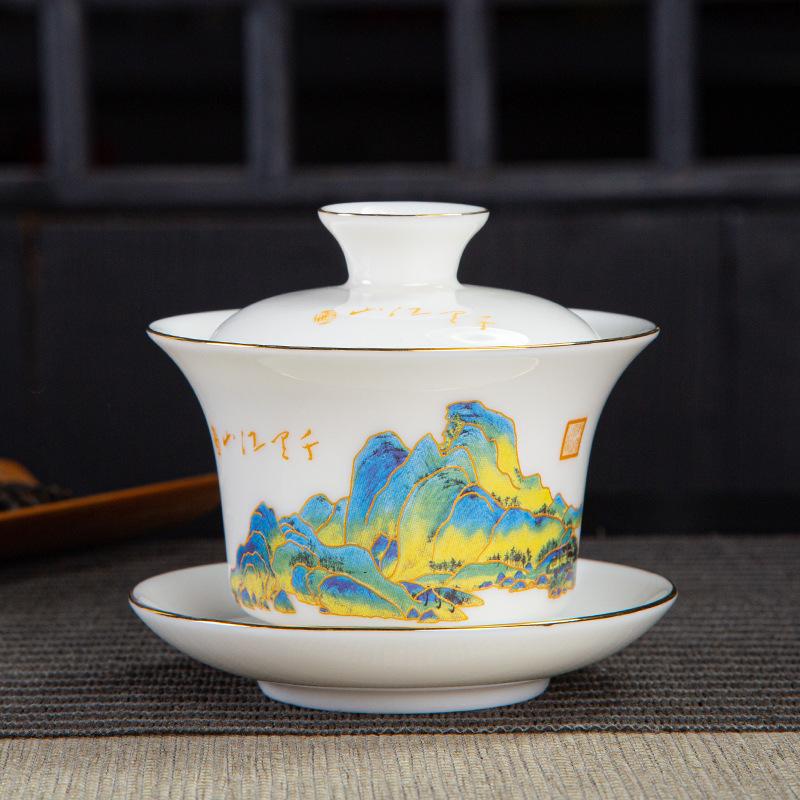 HMLOVE Mutton-fat Jade White Porcelain Sancai Gaiwan Color Enamel Cover Bowl Lid Saucer Handmade Tea Tureen Teaware Sets 160ML