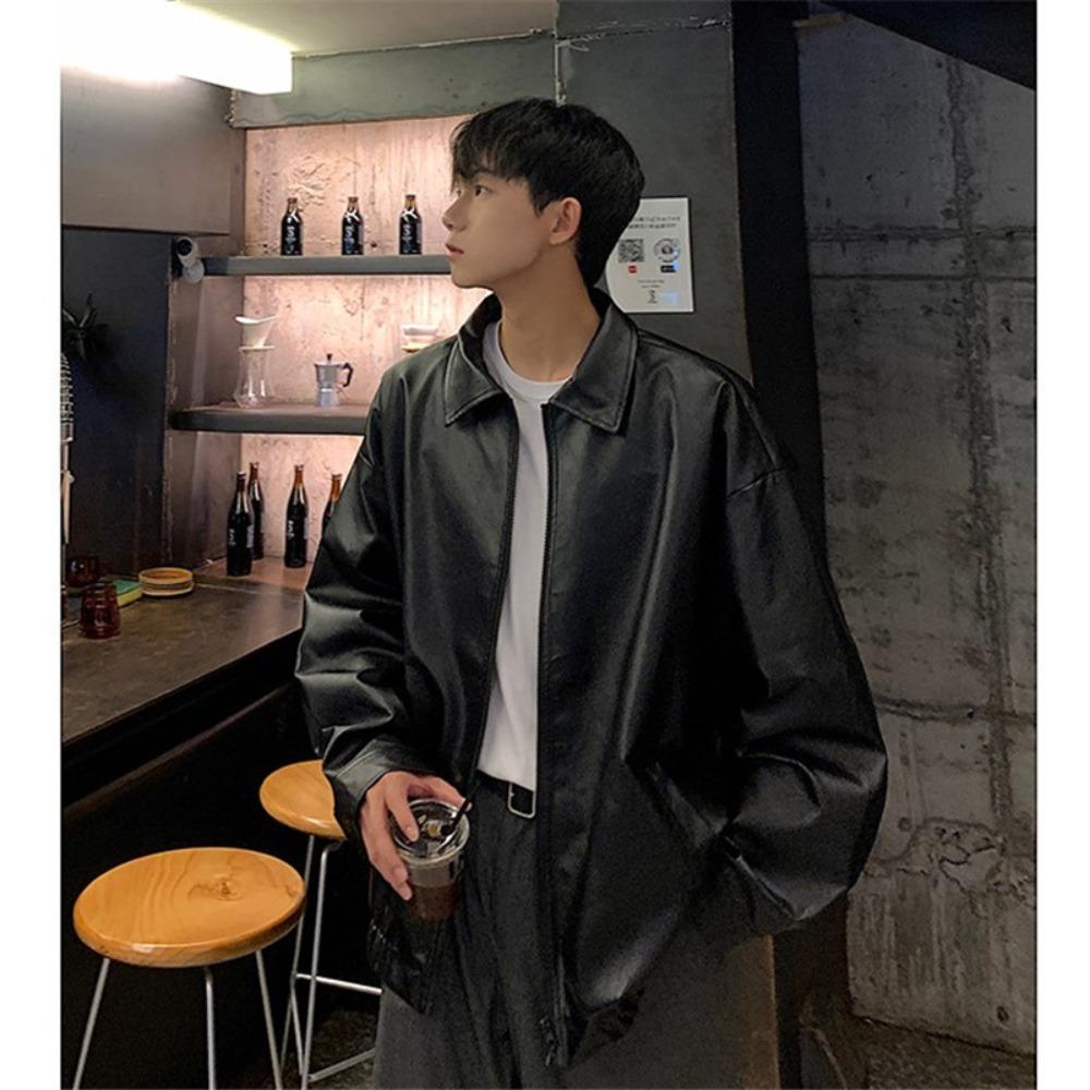 

Leather jacket men s autumn loose American retro ruffian handsome high sense fried street Hong Kong style pu leather jacket XXL чорний