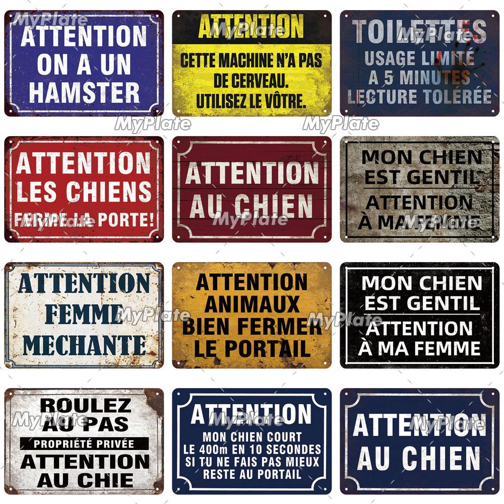 Attention Danger Words Metal Sign Vintage Plaque France Tin Sign Plate Wall Decor For Bar Club Man Cave Art Poster Custom