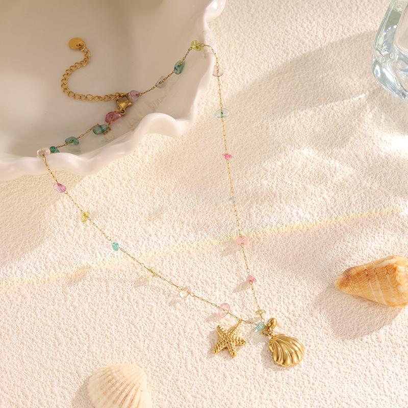 European and American Ocean Wind Starfish Shell Necklace Female Titanium Steel Non-fading Versatile DIY Gemstone Beaded Necklace Jewelry