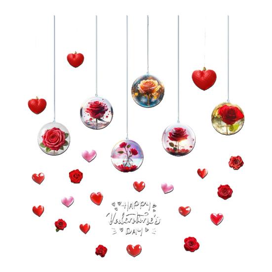 Valentine's Day Window Cling Removable Waterproof PVC Rose Flower Love Heart Static Glass Sticker Holiday Party Decoration Decal