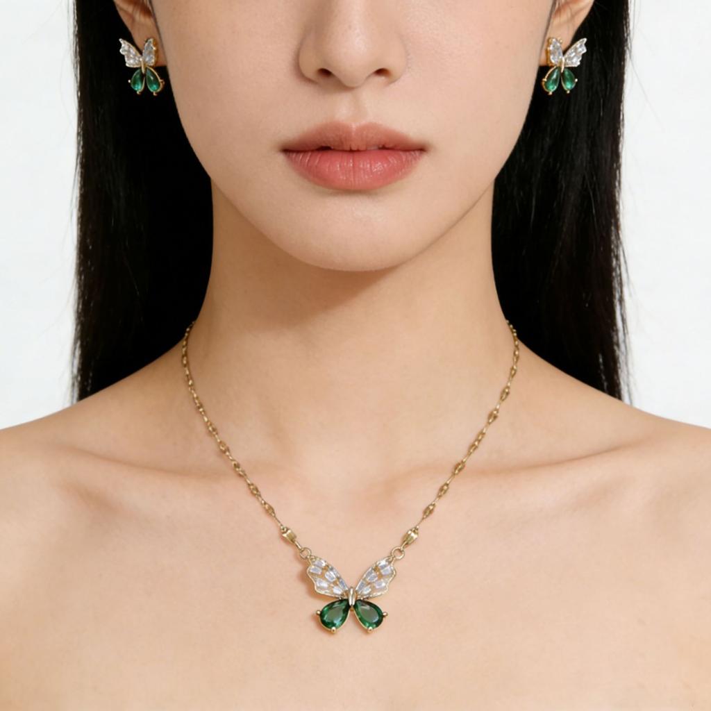 Romantic Green Butterfly Jewelry Set Elegant Zircon Pendant Necklace Earrings Trendy Fairy Jewelry Combination for Women Gift