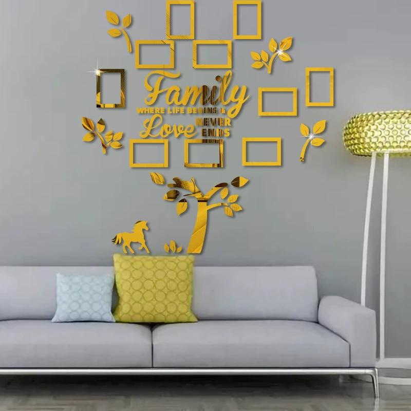 Family Tree Wall Decal Sticker - Acrylic 3D DIY Mirror Sticker Photo Frames Quotes Wall Decor Removable Wall Art Decals Decorations for Bedroom