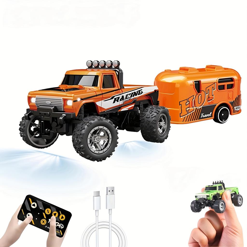 1:64 Scale Mini RC Truck Toy 2.4GHz Off-Road Alloy Truck with Trailer Body Lights Crawler Toy Adjustable Speed Steering Collectible Truck Model Gift