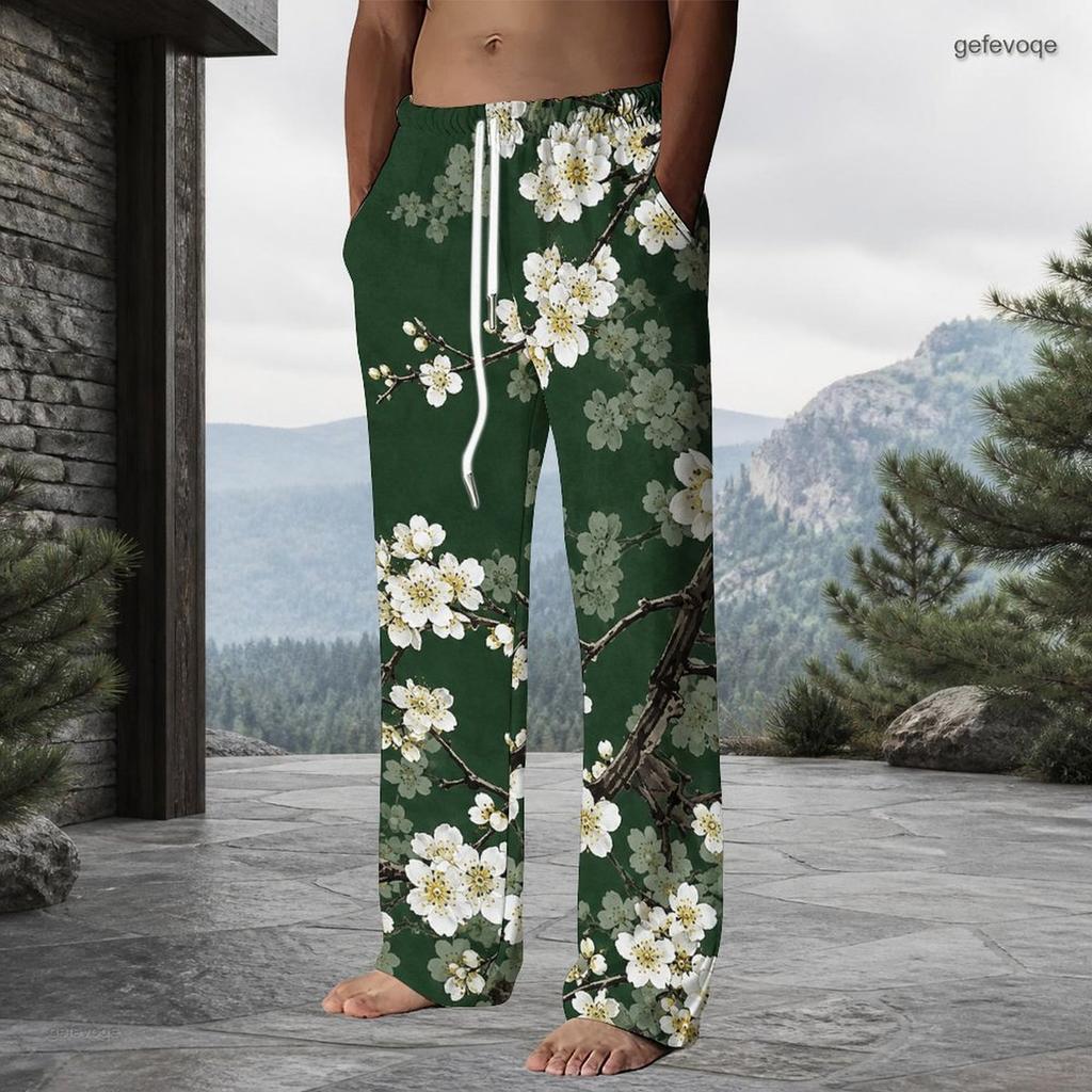 Men Plus Size Pink Cherry Blossom Printed Drawstring Waist Side Pockets Straight Leg Full Length Beach Pants