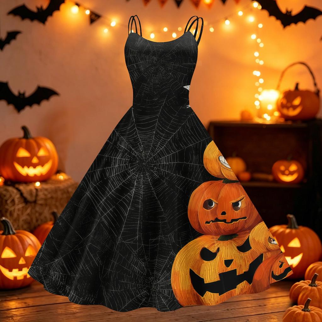 Womens Halloween Spider Web Pumpkin Print Off Shoulder Punk Vintage Dress Double Strap Sleeveless Flared Skirt Party Dress