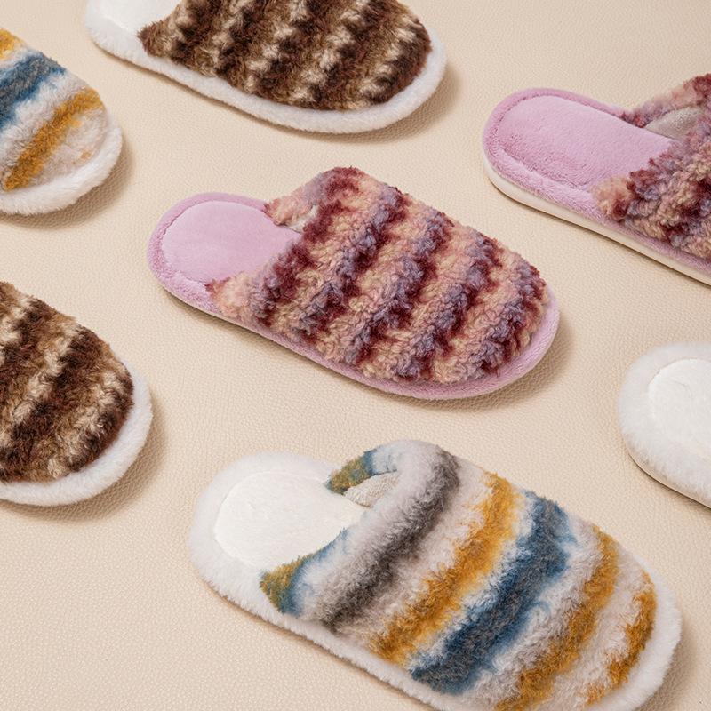 Contrasting color striped bag head cotton slippers fluffy slippers comfortable design home plush slippers
