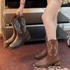 Queen Fan Brown Retro Thick Heel Western Cowboy Boots Women's 2025 New Autumn with Skirt Skinny Short Boots
