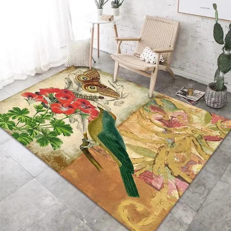Künstlerischer Vintage-Dekor-Teppich mit Vögeln, Schmetterlingen und Geranien, der dem Wohnraum natürlichen Charme verleiht