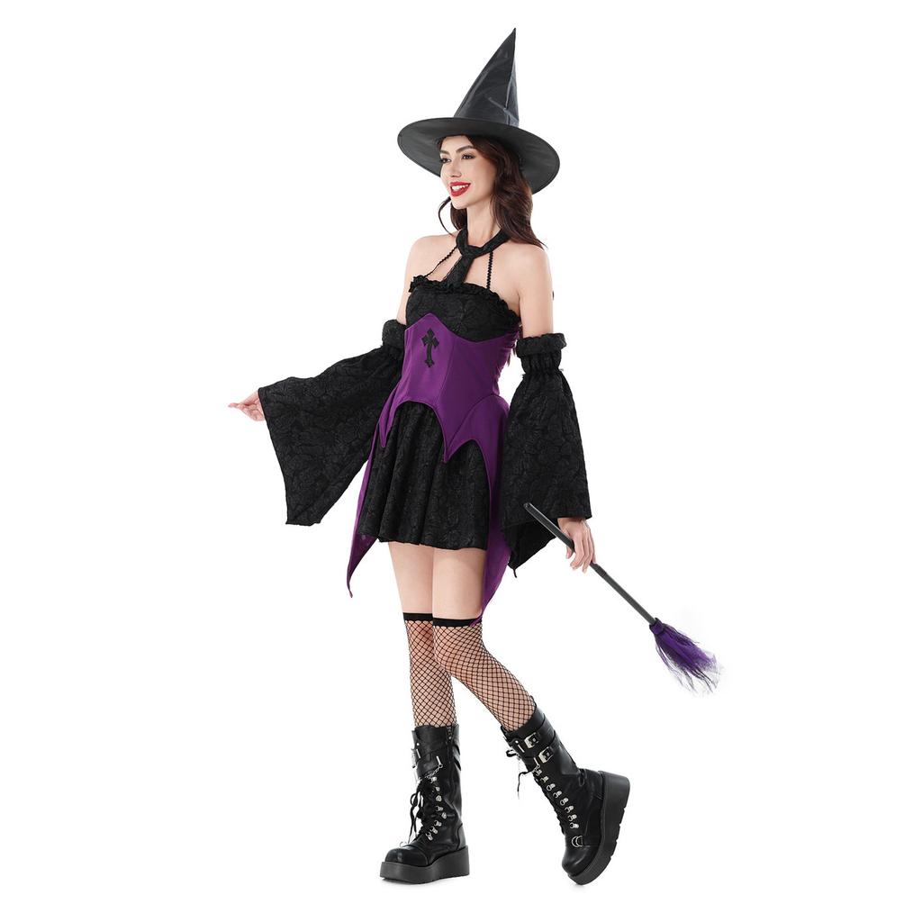 Halloween costume magic witch costume dark goth cross witch hat carnival costume dress