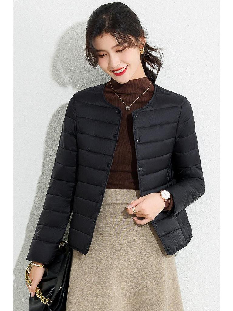 Women's Slim Fit Lightweight Crew Neck Down Jacket - Korean Style Warm Cotton-Padded Coat