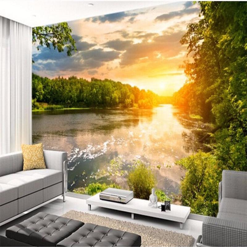 Tapete für Wände Flussblick Sonnenuntergang 3D Wandbild Wohnzimmer TV Wandbild Tapete