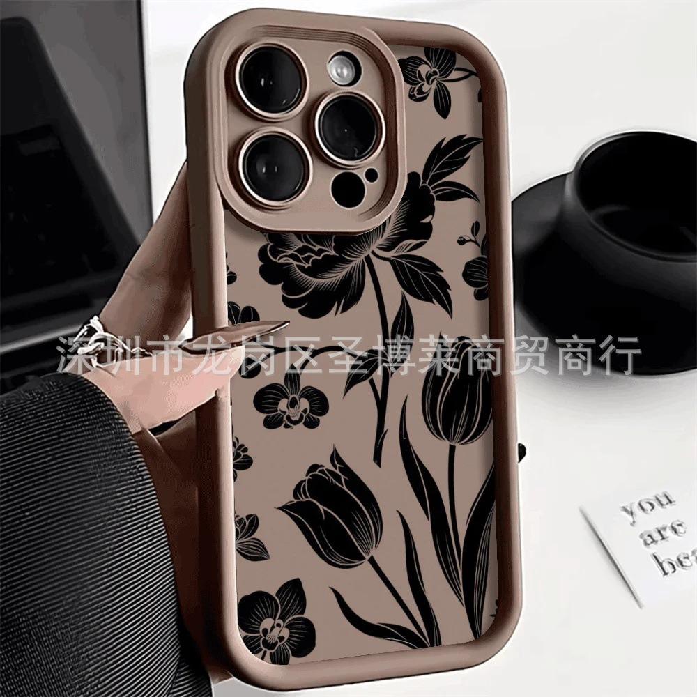 Black Flower Applies To Apple 17promax Mobile Phone Case iPhone16/15 Emery 14/13 Protective Case 11