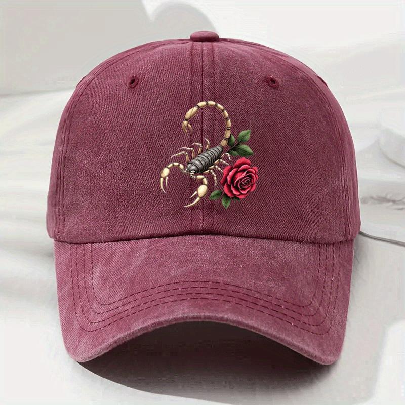 Scorpion and Rose Graphic Washed Baseball Cap Unisex Vintage Polyester Casual Streetwear Adjustable Sports Hat