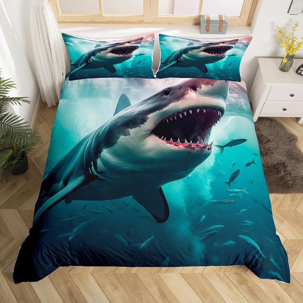 Shark Duvet Cover Queen Marine Life Comforter Cover Blue And White Cartoon Shark Bedding Set Nautical Ocean Theme Quilt Cover