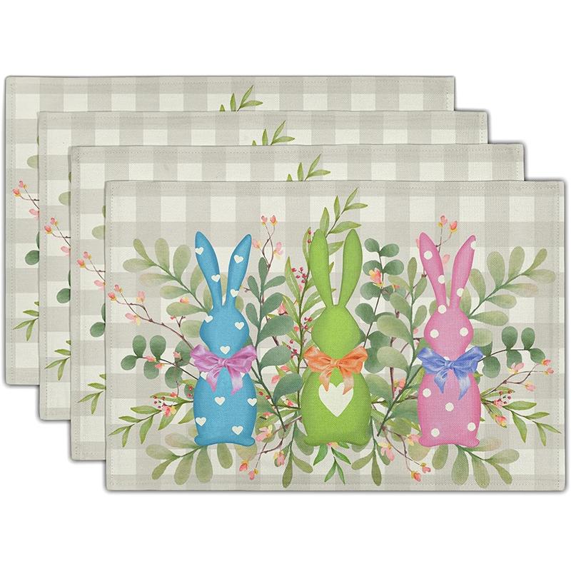 Cute Bunny Placemats Spring Floral Table Decor Dinner Mat Non-Slip Heat Resistant Tableware Pad for Kids Room Tea Party Decor 4PC-30X45cm