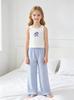 Girls Pajama Set, Cute Bunny Print Ribbed Tank Top & Blue Gingham Pants Loungewear for Kids 8-12 Years