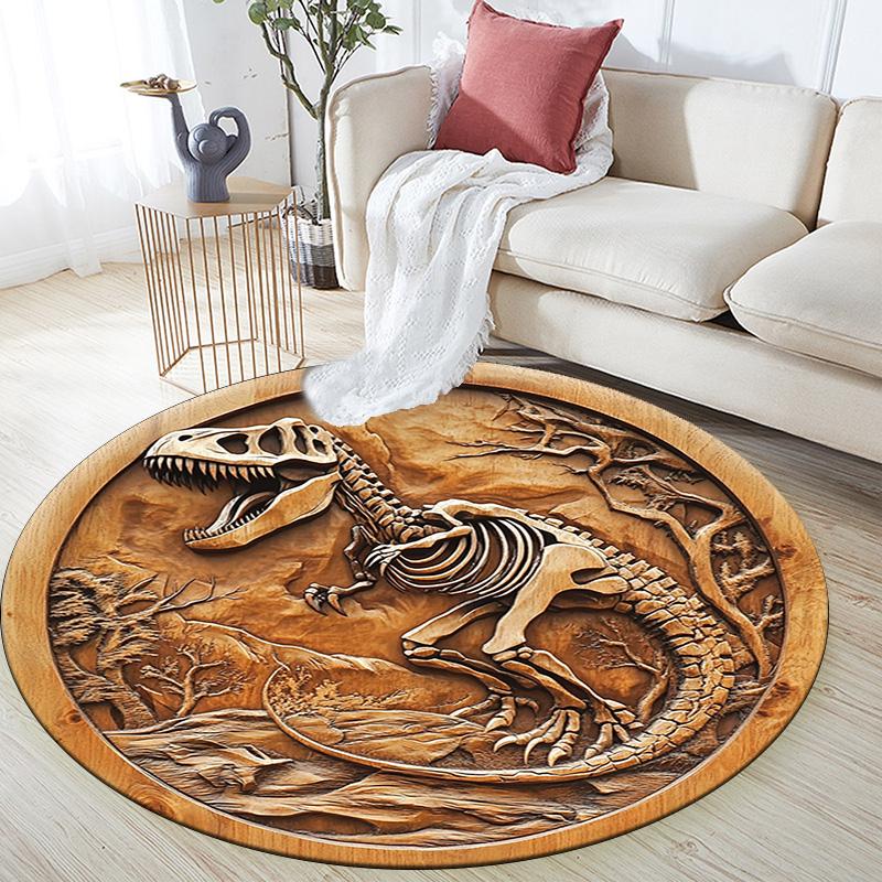 Dinosaur Fossil Relief Round Area Rug,Carpet Rug for Living Room Bedroom Sofa Playroom Decor,Non-slip Floor Mat