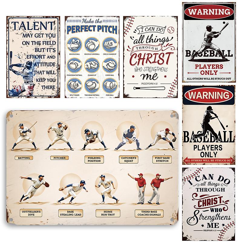 Classic Baseball Art Poster Metal Tin Sign Vintage Gymnasium Practice Poster Metal Signs for Gym Man Cave Home Wall Decor