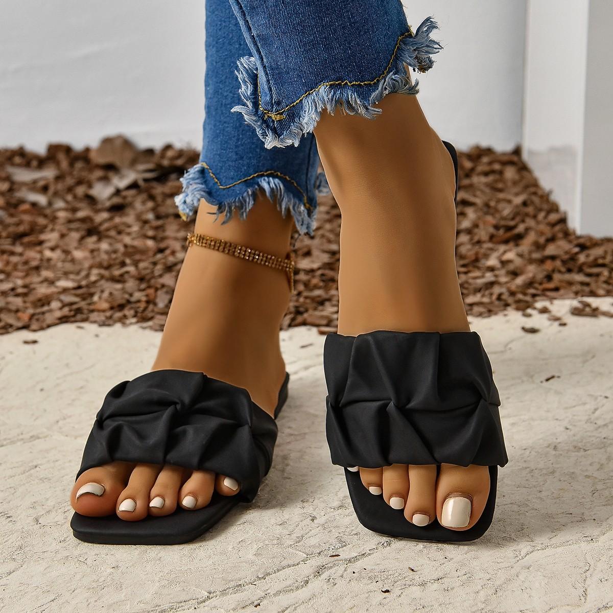 

Women s Shoes Summer Fashion Casual Pleated Flat Slippers Korean Style Large Size Square Toe Lightweight Comfortable Sandals 35 чёрный