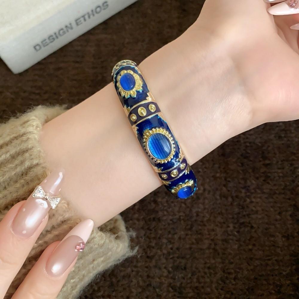 Enamel Floral Vintage Cloisonne Bangle Cat's Eye Stone Women's Hand Bracelet  Gifts for Women Girl
