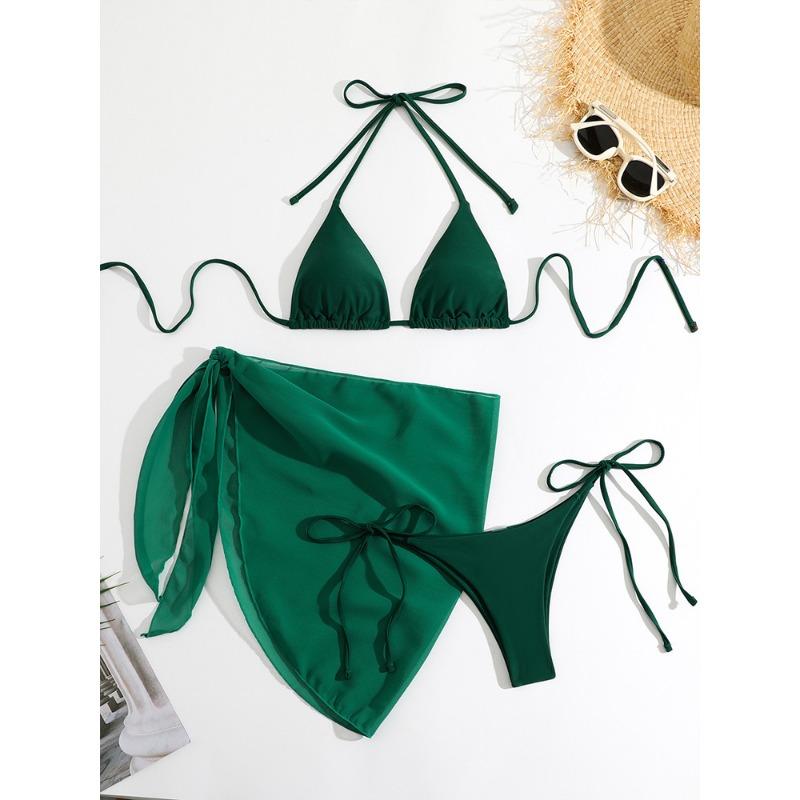 Women's White Triangle Halter Bikini With Wrap Skirt Three-Piece Set