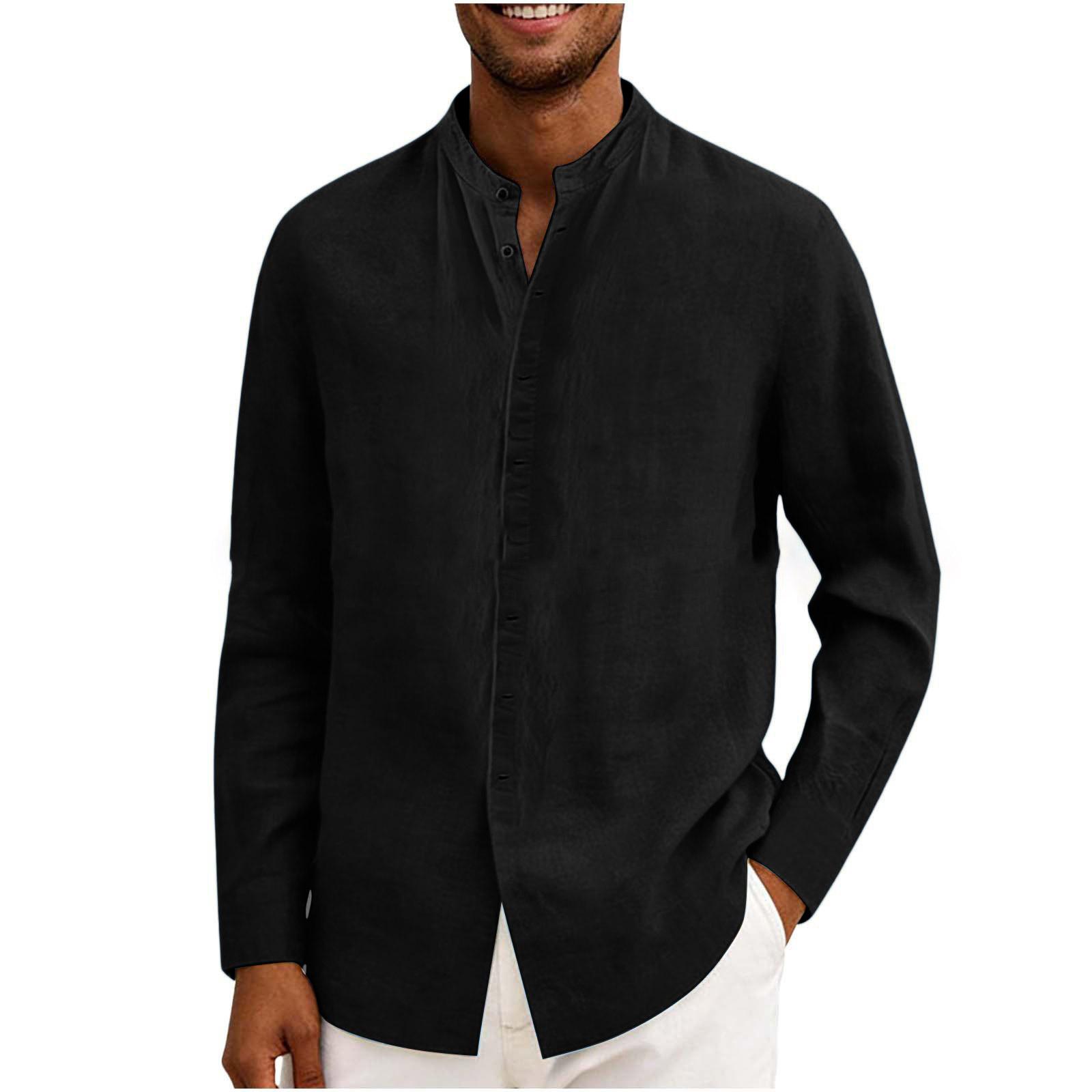 

Men s Color Casual Cotton Linen Cardigan, Button-down Short-sleeved Stand-collar Shirt L чёрный