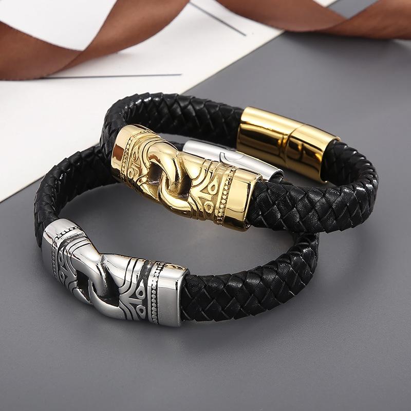 Punk Retro Style Stainless Steel Skull Leather Rope Bracelet Man's Fashion Charm Bracelet for Party or Gift