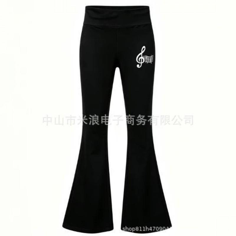 High-Waisted Retro Flared Pants With Treble Clef Print Women Streetwear Style Mid-Rise Straight Leg Trousers
