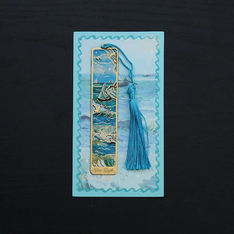 Hollow Metal Bookmark Oil Painting Style Rectangular Book Marks Exquisite Landscape Flower Reading Stationery School Supplies