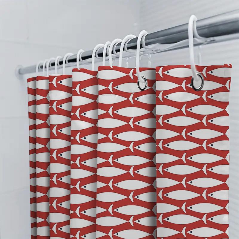 Fish Shower Curtain Red White Pattern Ocean Sea Animal Bathroom Decor Waterproof Modern Coastal Home Textile Washable