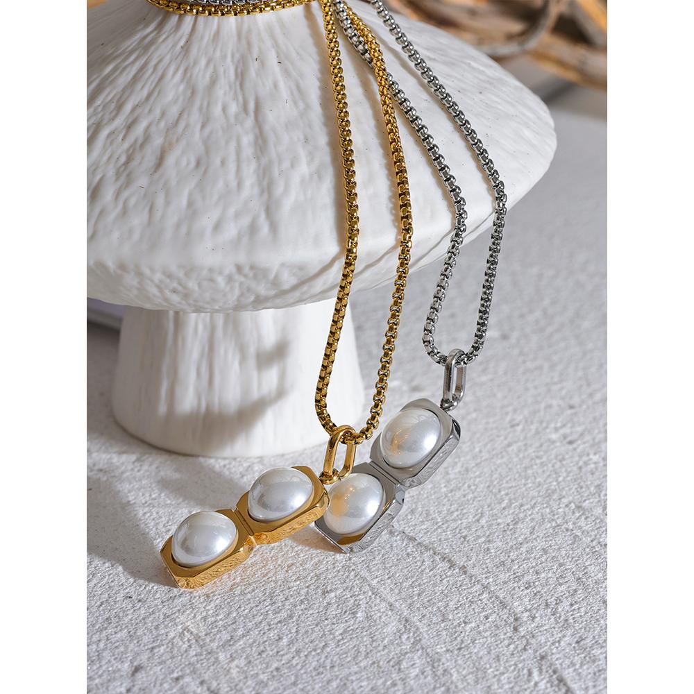 Yhpup Stylish Unisex Jewelry 316l Stainless Steel Square Round Imitation Pearls Pendant Necklace Casual Clothing Accessories