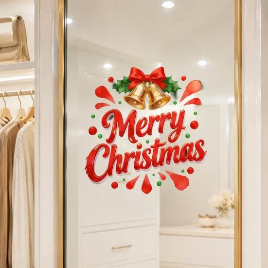 Festive Mirror Decorations Merry Christmas Static Glass Sticker, Window Decals with Bell Wall Stickers Elements, Removable Clings for Home Store