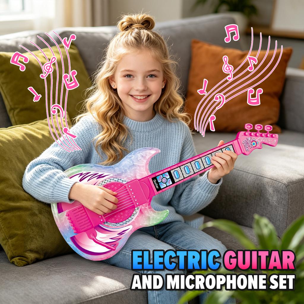 Electric Guitar Electronic Musical Instruments Multi-functional Kids' Microphone Sing Song Educational Games Toys for Girls Boys