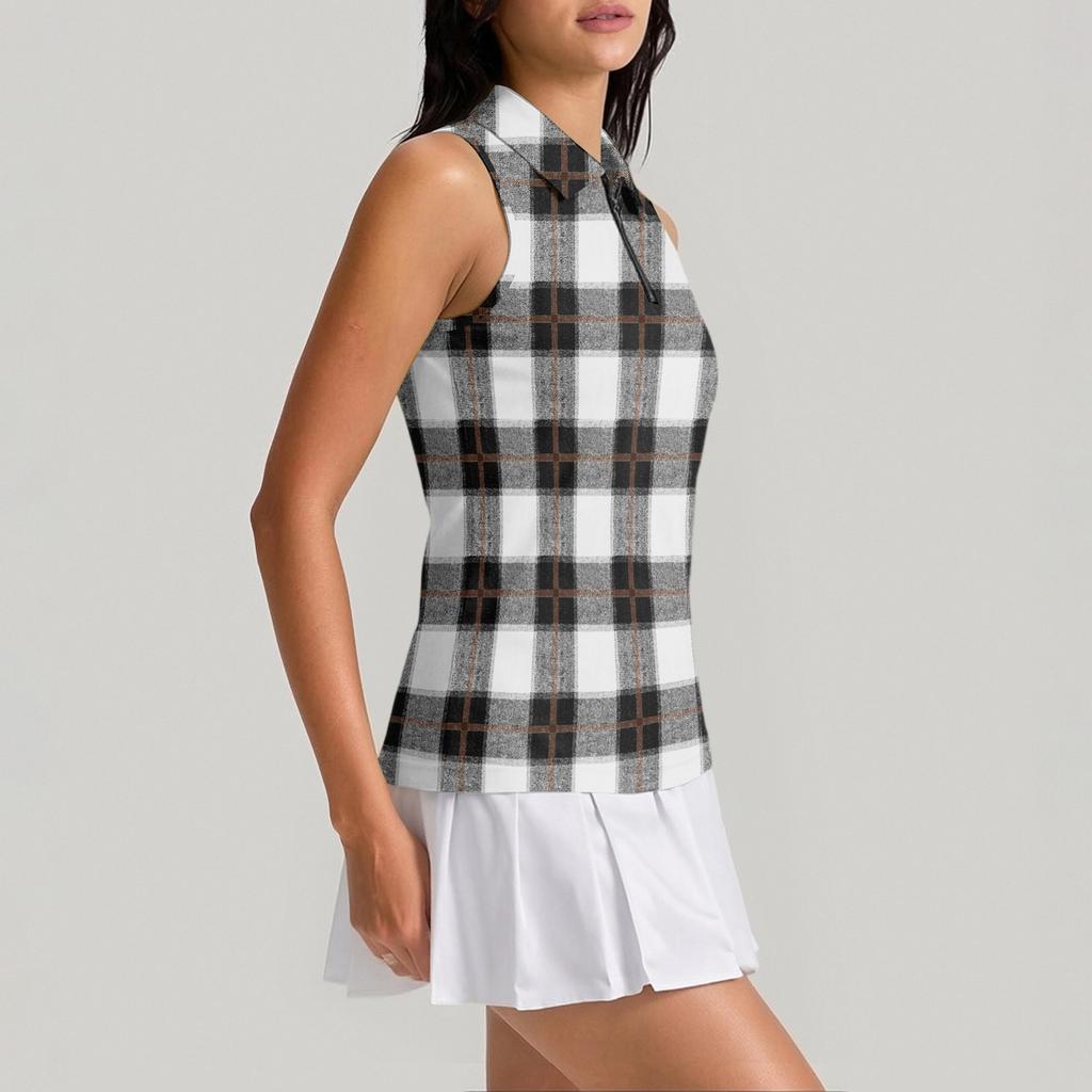 Women Sleeveless Golf Polo Shirt Zip Collar Plaid Print Athletic Tank Top for Sports Outdoor Exercise Casual Wear