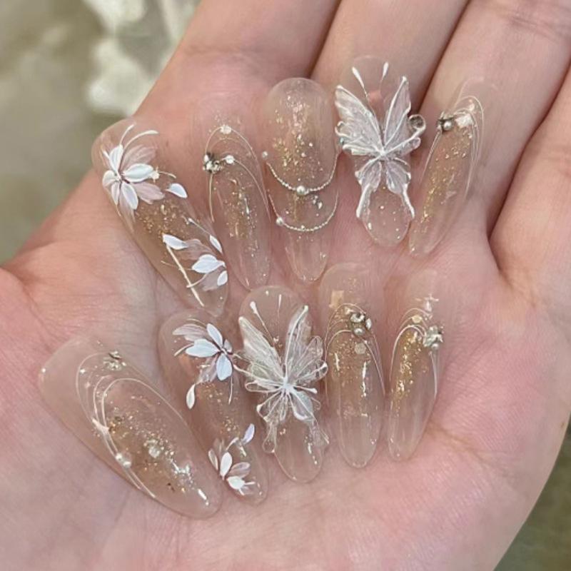3D Pearl Rhinestone Butterfly Floral Wrap Fake Nail Stickers, 30 Pieces, One Size