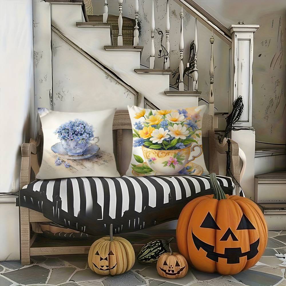 Painting Cup Of Flowers Pillow Case Soft Plush Fabric Double Sided Print Decorative Home Living Room Gift Cushion Cover