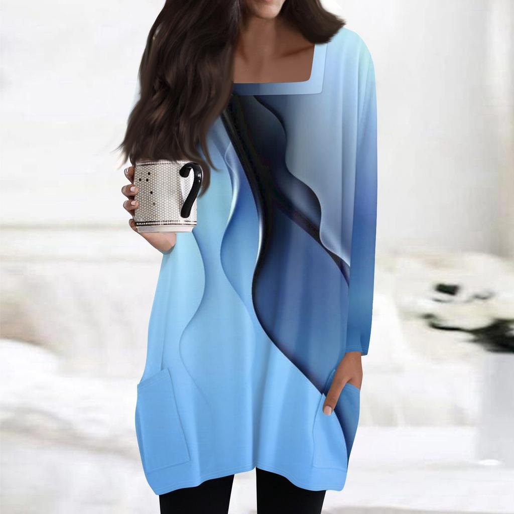 Womens Tops Square Collar Long Sleeve Blouses Casual Mid-length Shirts Fashion Print Tunic Tops With Pockets