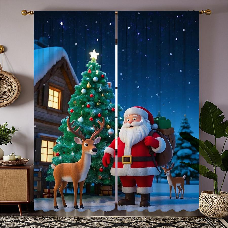 Set Of 2 Christmas Santa Claus Tree Pattern Printed Curtains Decorations Home Room Curtain Polyester