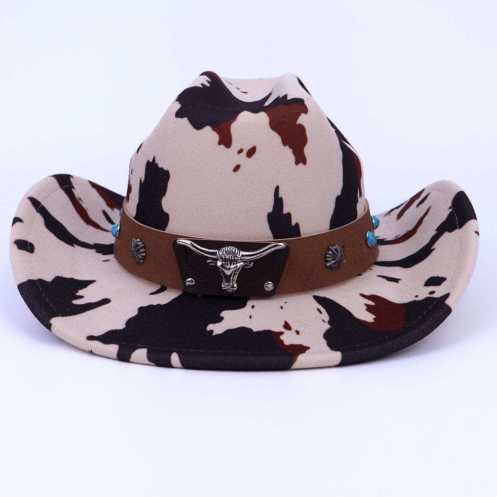 New Western Cowboy Hat Autumn And Winter Big Eaves Cow Pattern Woolen Top Hat Tibetan Retro Jazz Hat Sun Hat