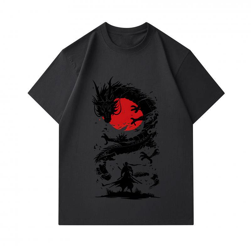 100% Cotton Men's Crew Neck Short Sleeve T-shirt, Cool Samurai VS Dragon Red Sun Ink Print Casual Breathable Tee for Daily Streetwear, Unique Retro Ja