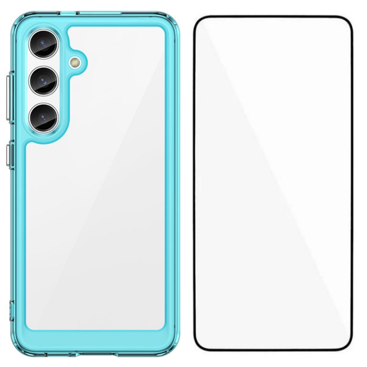 

For Samsung Galaxy S24+ Phone Case WANLONFENG XC Series TPU Acrylic Cover with Tempered Glass (Big Lens Hole) Transparent Blue