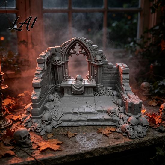 Miniature Puppet Scene Setting Gothic Ruin Skull Altar Table Ornaments 3D Printed Broken Chapel Castle Ruins Diorama Props Halloween Spooky Desktop