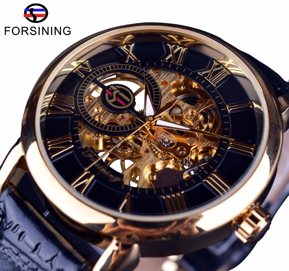Forsining Orologio meccanico scheletrato in pelle con incisione cava con logo 3D, cassa in oro nero, marchio di lusso da uomo Heren Horloge