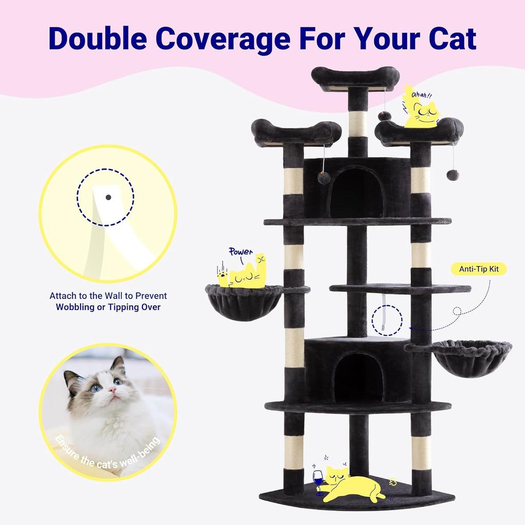 73in Fan-Shaped Corner Cat Tower - Multi-Level Indoor Cat Tree with Scratching Posts, Perches & Cozy Baskets, Dark Grey