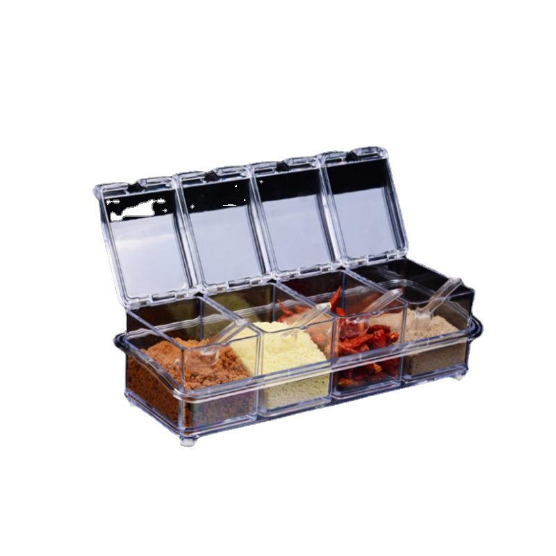Four-Grid Transparent Seasoning Jar Set with Lid for Kitchen Storage