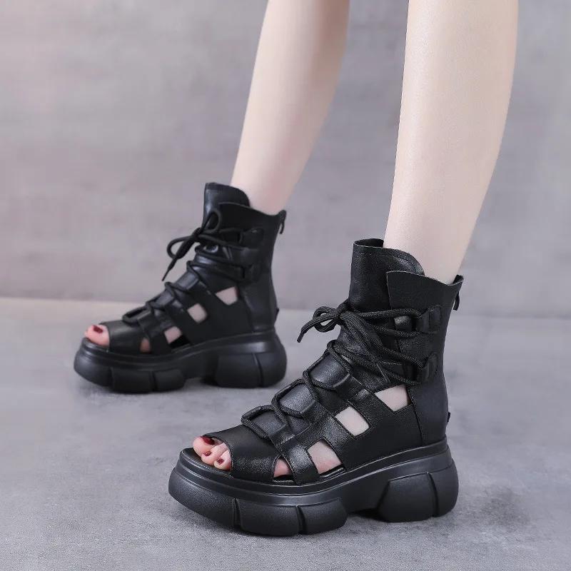 Mode 6,5CM Retro Echtes Leder Zehenfrei Sandalen Damen Sommer Plateau Erhöhend Ausgehöhlter Reißverschluss hinten High Top Lässige Sandalen Schwarz